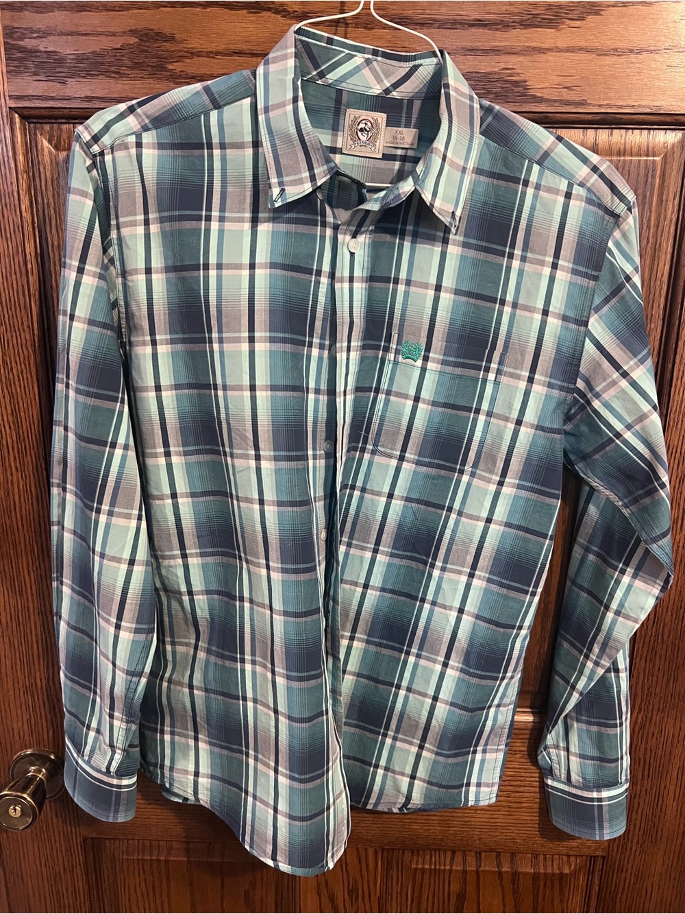 Cinch boys Teal, Navy and White Plaid Button-Down Shirt